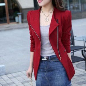 Slim Fit Candy Red Zipper Jacket Blazer Long